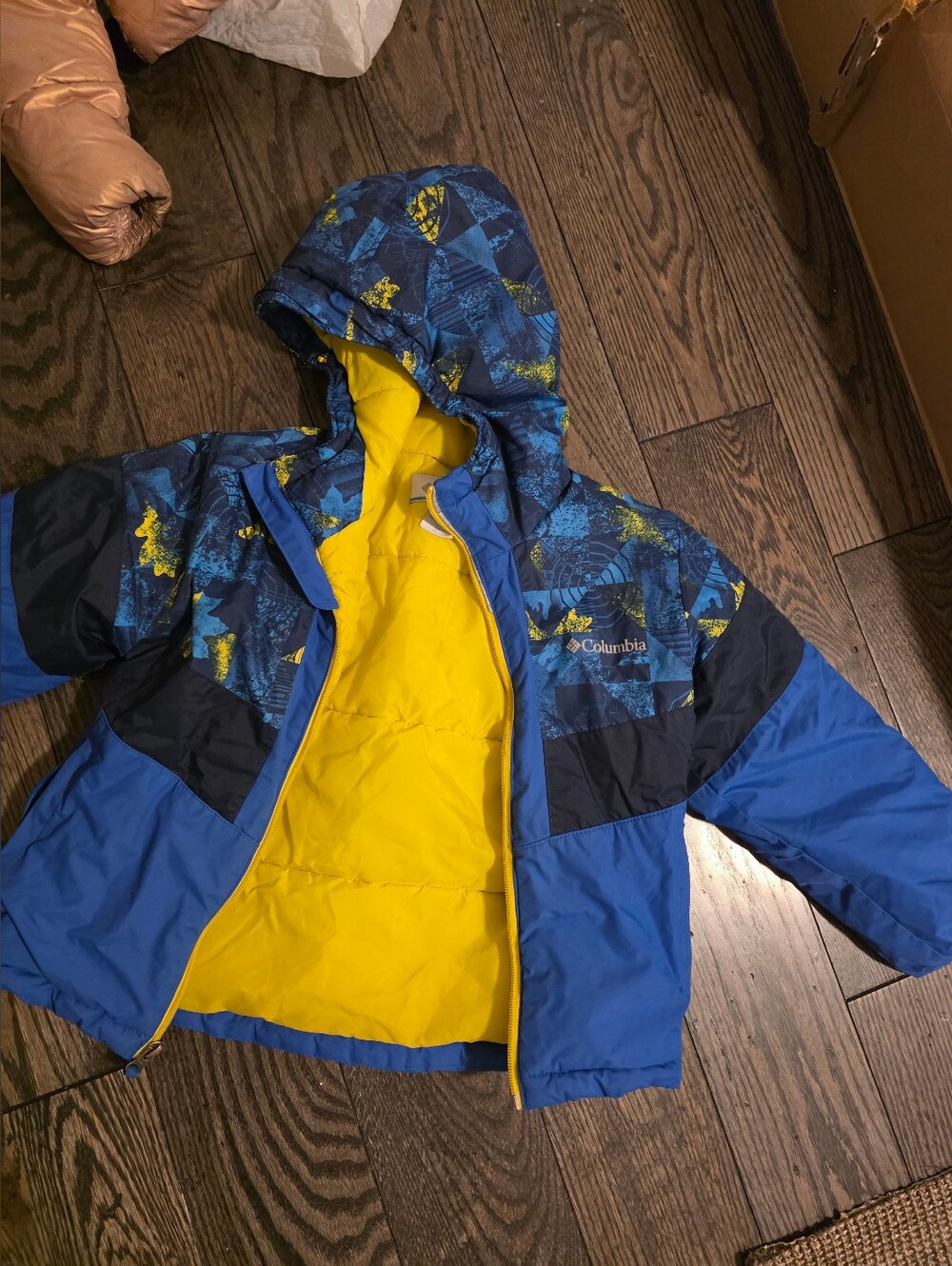 Columbia Blue Jacket with Yellow Lining and Patterned Hood